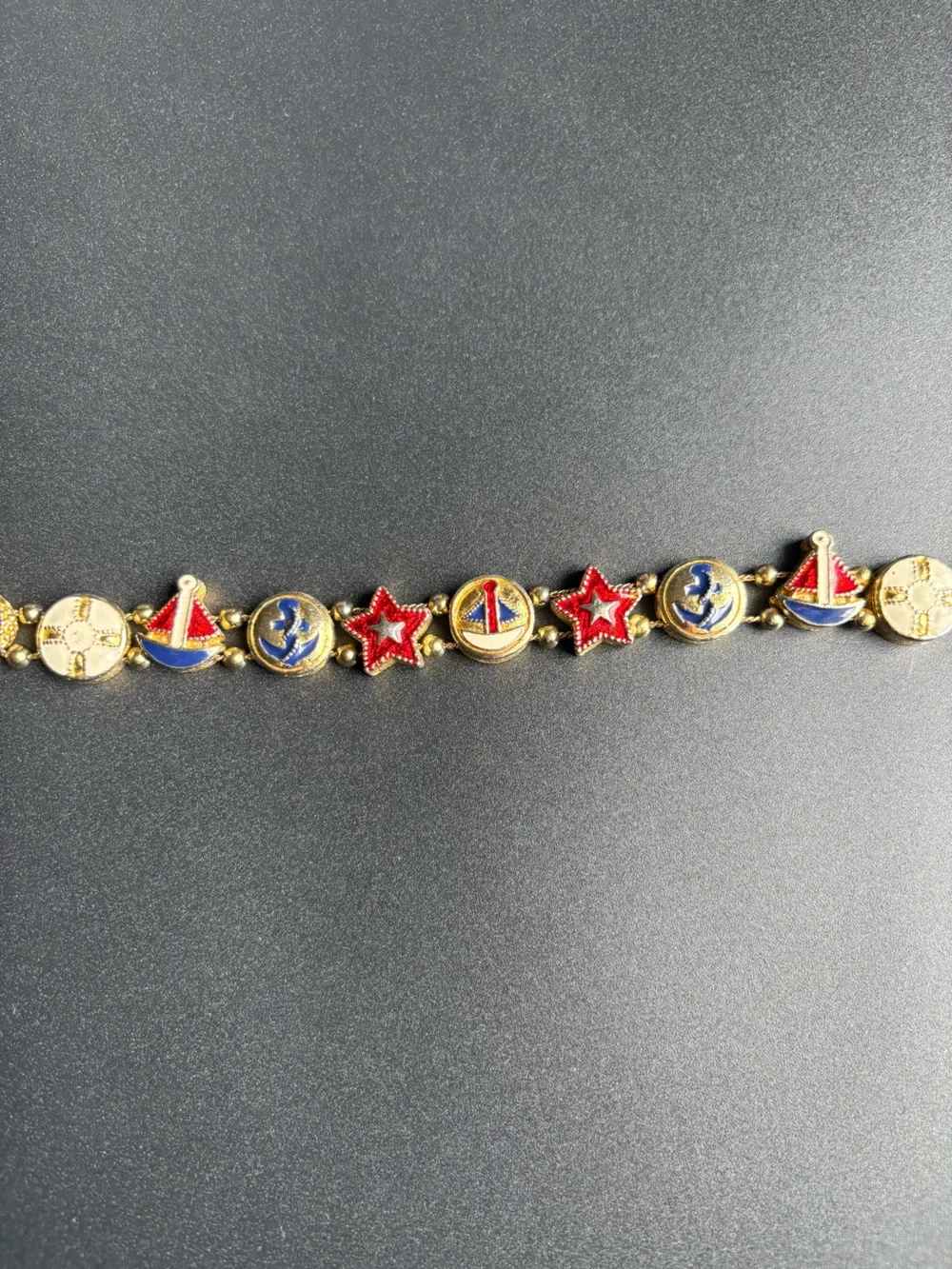 Vintage Nautical Charm Bracelet in Gold, Red, and Blue